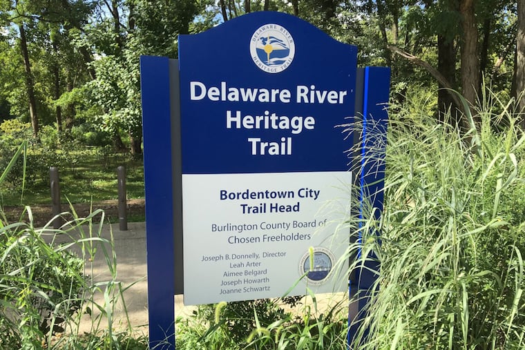 A sign marks a new trailhead of the Delaware River Heritage Trail at the Bordentown Beach.