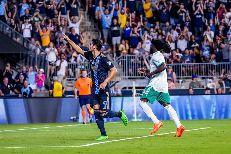 Julián Carranza celebrates after scoring a penalty kick goal in the first half of the Philadelphia Union's game against the Colorado Rapids at Subaru Park in Chester, Pennsylvania on August 27, 2022.