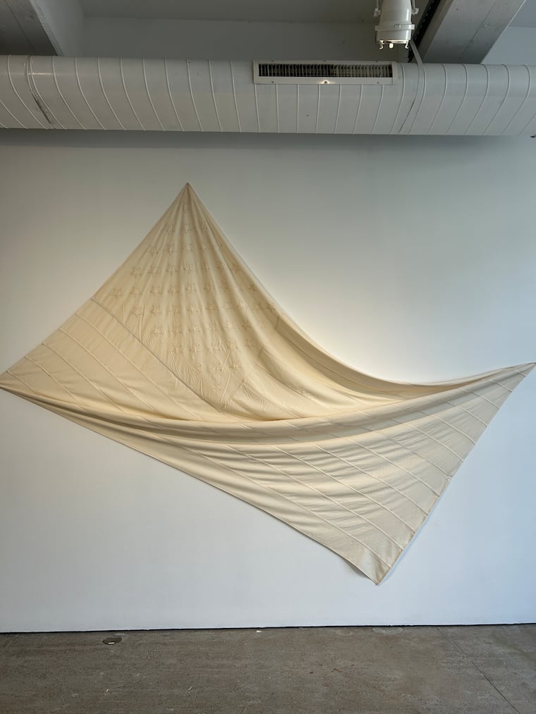 Donald Lipski's "Who’s Afraid of Red White and Blue #37" on view in "Some American Dreams" at the Fabric Workshop and Museum.
