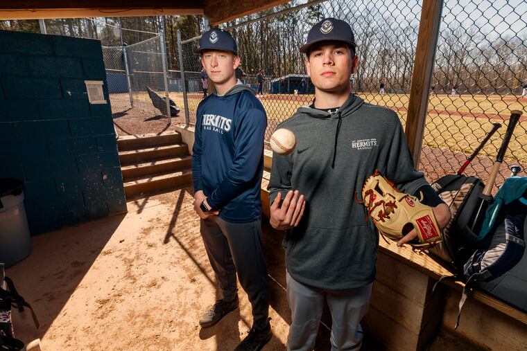 St. Augustine Prep pitcher Cole Vanderslice (right), a Villanova recruit, is wearing jersey No. 2 this season in honor of teammate Gerry Peacock (left), a Notre Dame recruit who is out for the season with an elbow injury.
