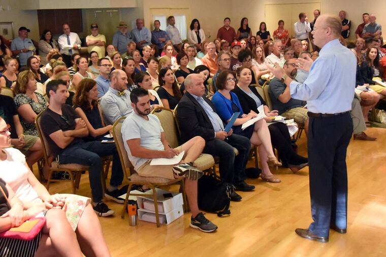 Collingswood Mayor James Maley speaking at a public meeting presenting various governmental officials. One official called it a “bloody” five hours.
