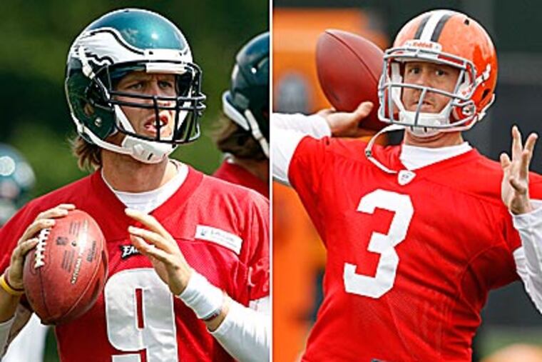 Rookie quarterbacks Nick Foles and Brandon Weeden will start in Friday's Eagles-Browns game. (File photos)