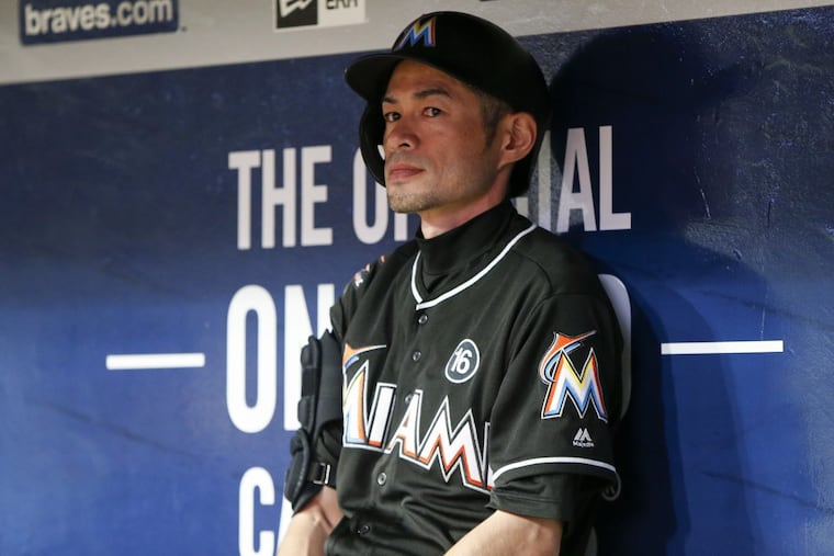 Miami Marlins' Ichiro Suzuki in the dugout in the sixth inning of a baseball game against the Atlanta Braves, Thursday, Sept. 7, 2017, in Atlanta. (AP Photo/Brett Davis)