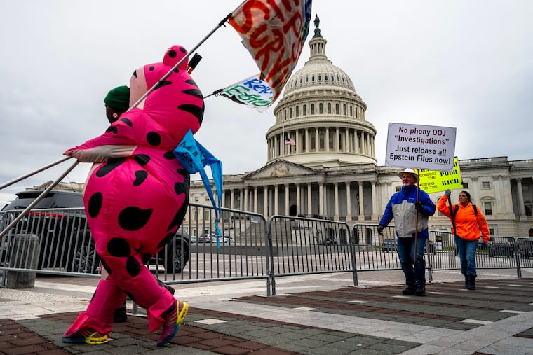 Protesters head to the U.S. Capitol in Washington D.C. Tuesday, Nov. 18, 2025 as a bill that would require the release of records relating to Jefrey Epstein comes to a vote.