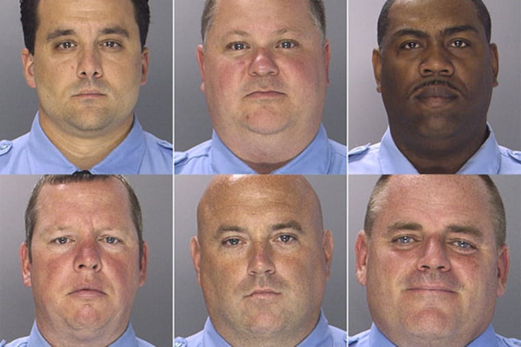 This undated photo provided by the police department shows from top left to right, Philadelphia Police officers Thomas Liciardello, Perry Betts, Linwood Norman and from bottom left to right, Brian Reynolds, John Speiser and Michael Spicer. The six city narcotics officers were arrested Wednesday, July 30, 2014 and the charges in the 26-count indictment include racketeering conspiracy, extortion, robbery, kidnapping and drug dealing. (AP Photo/Philadelphia Police Department )