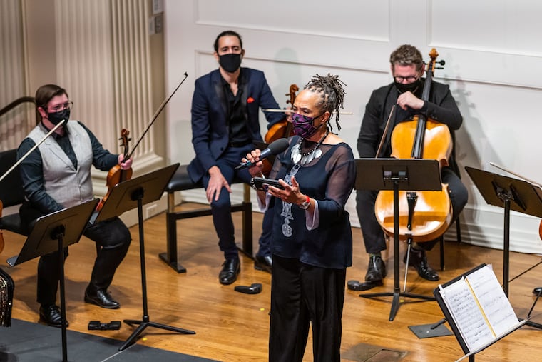 Author and activist Lorene Cary recites Walt Whitman's "Election Day, November, 1884" before a performance of Kenji Bunch's "the still small voice," inspired by Whitman's poem. The Philadelphia Chamber Music Society's Oct. 30, 2020 concert at the American Philosophical Society featured the world premiere of Bunch's piece by the Harlem and Catalyst string quartets.