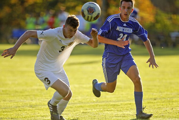 Delran's Daniel Strohleinl (3) and Northern Burlington's John Wainwright (24) chase a loose ball during the second half of a high school boys soccer game, Thursday Oct. 19, 2017, in Delran, NJ. Kendell did not play against Northern Burlington. Delran won 3-0.