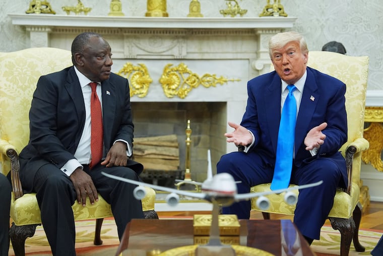 President Donald Trump meets South African President Cyril Ramaphosa in the Oval Office of the White House, Wednesday, May 21, 2025, in Washington. (AP Photo/Evan Vucci)