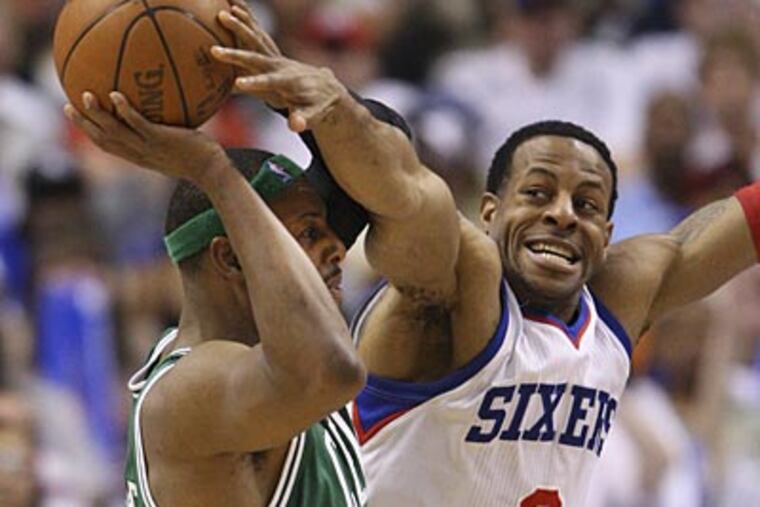 Andre Iguodala tries to block the Celtics' Paul Pierce during the third quarter of Game 4. (Steven M. Falk/Staff Photographer)