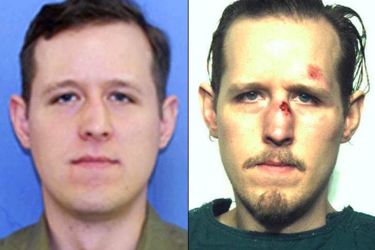 Eric Matthew Frein in the photo from his wanted poster (left) and his police mugshot.