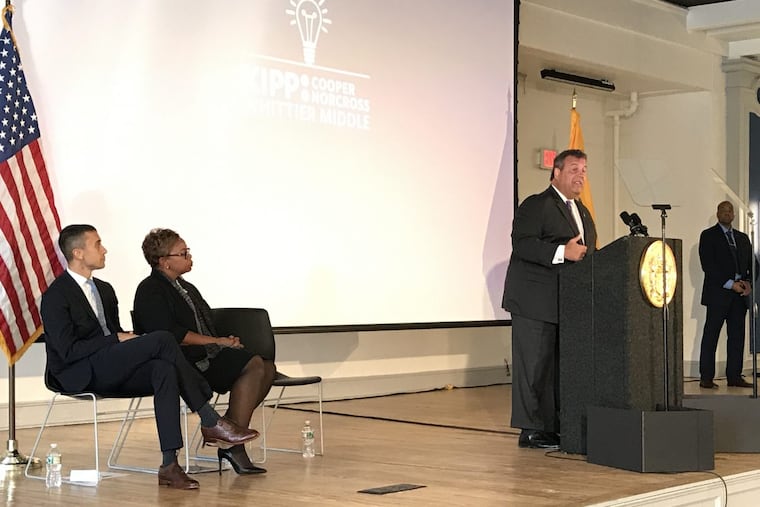 Gov. Christie speaks about the progress made in Camden’s ailing schools, as Camden Mayor Dana Redd and Camden Schools Superintendent Paymon Rouhanifard listen.