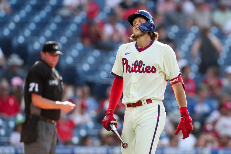 Philadelphia Phillies third baseman Alec Bohm (28) reacts after striking out during the eighth inning of the Philadelphia Phillies game against the Arizona Diamondbacks at Citizens Bank Park in Philadelphia, Pa. on Sunday, June 12, 2022.