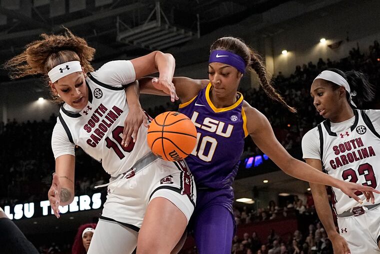 South Carolina center Kamilla Cardoso vies for the ball with LSU forward Angel Reese during the first half of the Southeastern Conference final on Sunday.