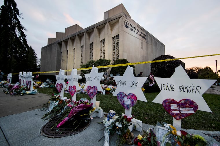 A makeshift memorial stands outside the Tree of Life Synagogue in the aftermath of a deadly shooting in Pittsburgh in 2018.