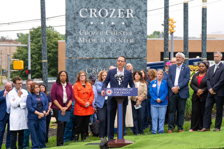 Gov. Josh Shapiro spoke at a news conference outside Crozer-Chester Medical Center on May 15, shortly after the hospital closed.