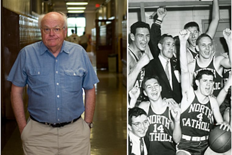 North Catholic graduate Frank Dougherty (left) fondly remembers the Rev. Thomas 'Knobby' Walsh. At right, jubilant Falcons celebrate after winning the 1956 title. (Kriston J. Bethel/Staff)
