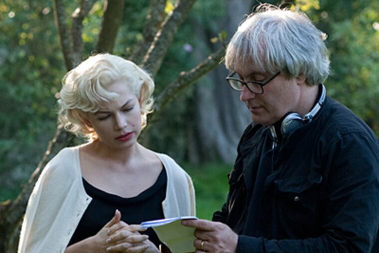 Michelle Williams, who plays Marilyn Monroe, and director Simon Curtis on the set of "My Week With Marilyn." (Laurence Cendrowicz)