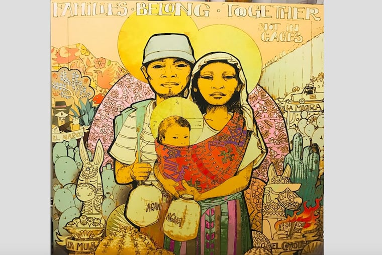 Ian Pierce worked with community members to create this design for the Fairhill neighborhood, and the "Families Belong Together" rally.