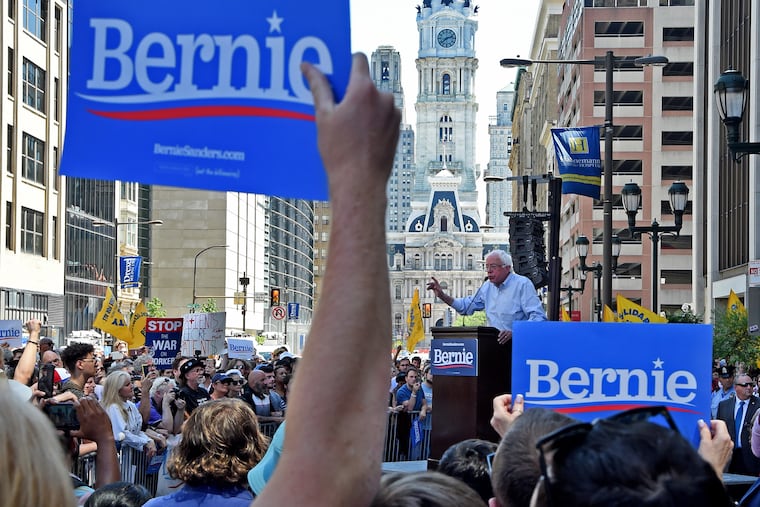 Democratic presidential candidate Bernie Sanders speaks at a rally July 15 at Hahnemann University Hospital in Philadelphia.