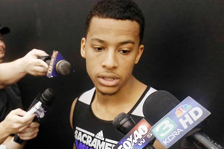 Michigan point guard Trey Burke talks with reporters after a pre-draft workout at the Sacramento Kings practice facility. (AP Photo/Rich Pedroncelli)
