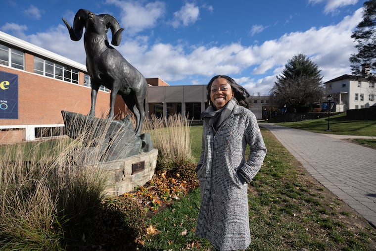 Elizabeth Avril Barden, a customer-experience specialist at Jefferson Health Plans and recent summa cum laude of the school, has written an alma mater song for Thomas Jefferson University, “Jefferson How We Adore Thee.” She is shown here at Thomas Jefferson University's East Falls campus in Philadelphia.