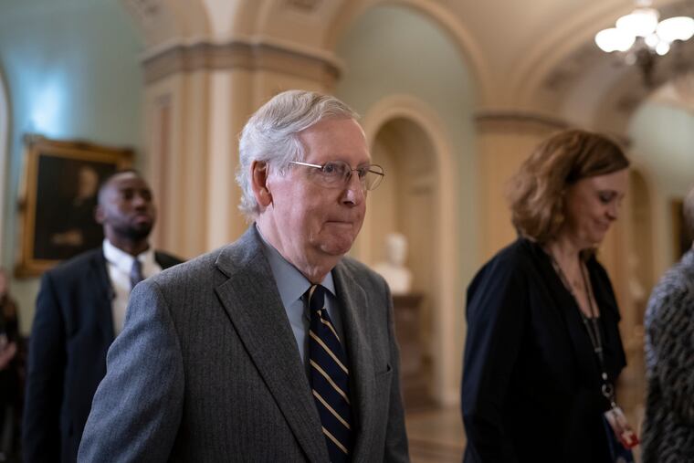 Senate Majority Leader Mitch McConnell, R-Ky., leaves after the Senate heard closing arguments in the impeachment trial of President Donald Trump on charges of abuse of power and obstruction of Congress, at the Capitol in Washington, Monday, Feb. 3, 2020.