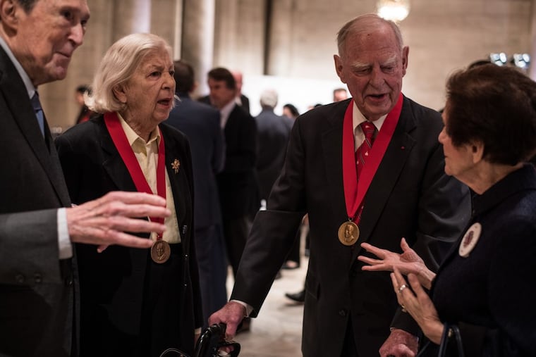 Marguerite and Gerry Lenfest (center, with medals) at the Carnegie Medal for Philanthropy luncheon at the New York Public Library.