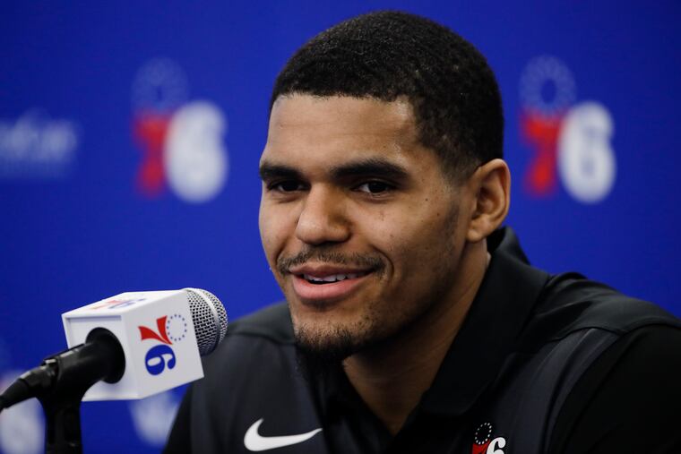 Philadelphia 76ers' Tobias Harris speaks with members of the media during a news conference at the NBA basketball team's practice facility in Camden, N.J., Thursday, Feb. 7, 2019. (AP Photo/Matt Rourke)
