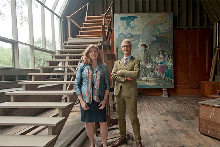 Virginia A. Logan, executive director of the Brandywine Conservancy and Museum of Art, and Thomas Padon, director of the Brandywine River Museum, in N.C. Wyeth's studio, where he held classes and painted mural-sized paintings. (Ron Tarver/Staff Photographer)