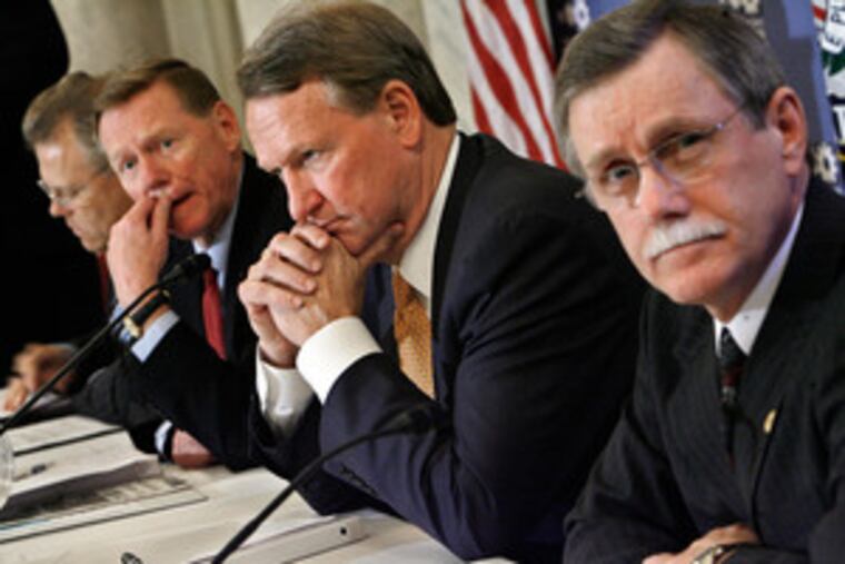 Meeting with Senate Democrats are (from left) Chrysler CEO Tom LaSorda, Ford CEO Alan Mulally, GM CEO Rick Wagoner, and UAW president Ron Gettelfinger.