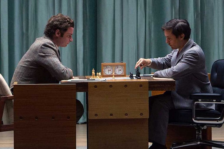 Liev Schreiber stars as Boris Spassky and Tobey Maguire stars as Bobby Fischer in "Pawn Sacrifice." (Credit: Takashi Seida / Bleecker Street)
