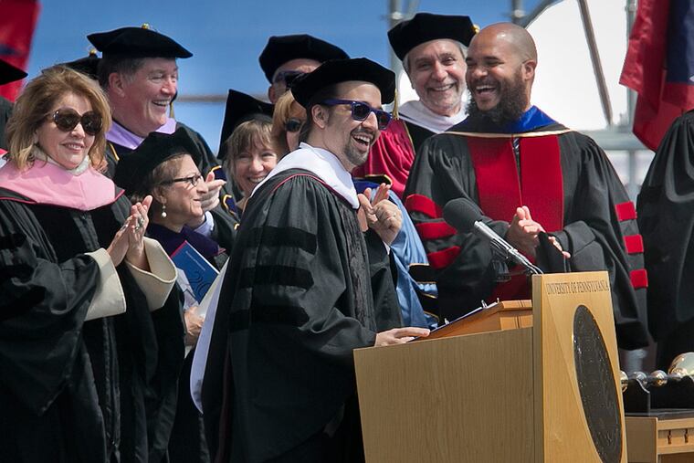 Lin-Manuel Miranda, Composer, writer and performing artist gives Commencement Address to graduates at University of Pennsylvania held at Franklin Field on Monday.