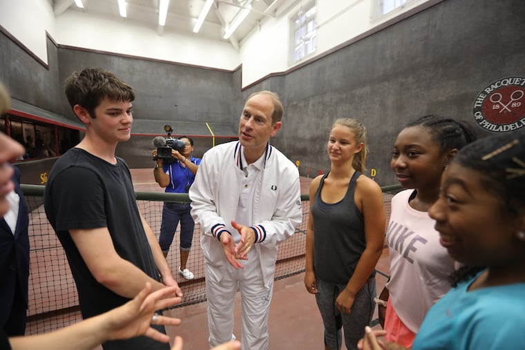 His Royal Highness Prince Edward, Earl of Wessex makes a visit to the Racquet Club of Philadelphia meeting players Oscar Wahl, Helayna Hoffman, Sheliya Davis and (R) Ushriya Davis Wednesday afternoon September 12, 2018.