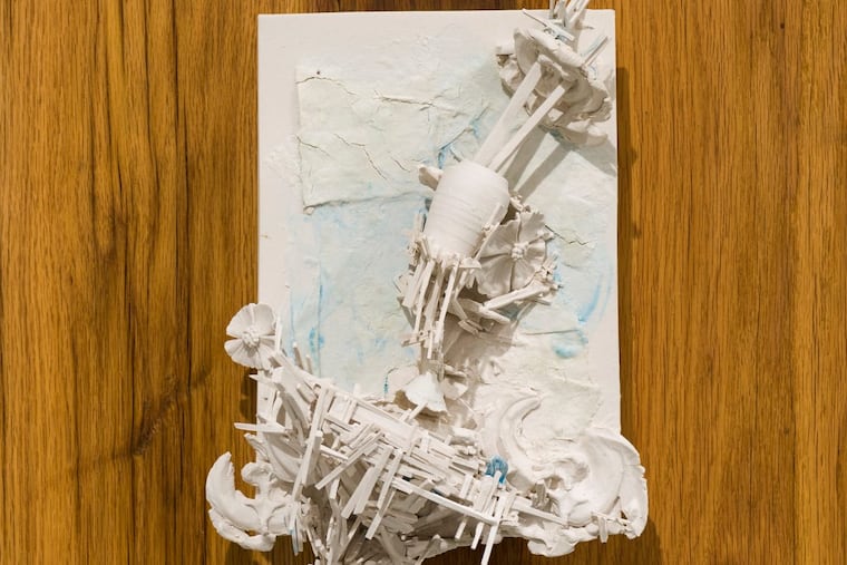 Detail from Terri Saulin’s porcelain sculpture, “All is built on sand, but we must build as if the sand were stone” (2016), at Tiger Strikes Asteroid.