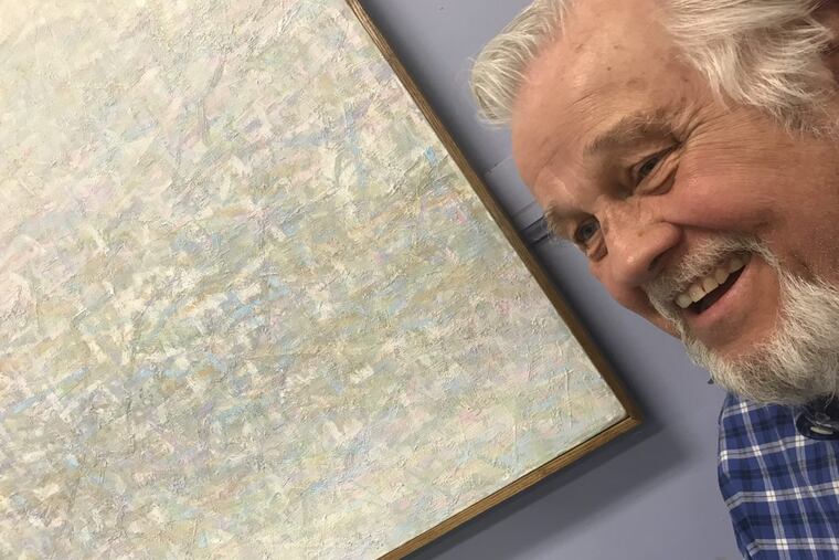 "Tomorrow Will Come," painting by the late New York School artist turned Moore College professor and Philadelphia "colorfield" painter Leonard Nelson. The picture is held by Chadds Ford auctioneer William Bunch, who is selling the piece, from the collection of the late Dodo Hamilton, two weeks after Hamilton's Cezanne, "La vie des champs," sold for $1.5 million at Freeman's in Philadelphia. The Nelson is expected to bring far less. Nelson fans hope the Hamilton connection sparks interest in an artist they say was unfairly overlooked by museums committed — and connected — to promoters of Nelson's abstract rivals such as William Rohrer