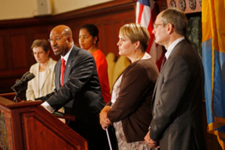 Mayor Nutter with (from left) Joan Markman, city's chief integrity officer; Shelley R. Smith, solicitor; and Anne Marie Ambrose of DHS.