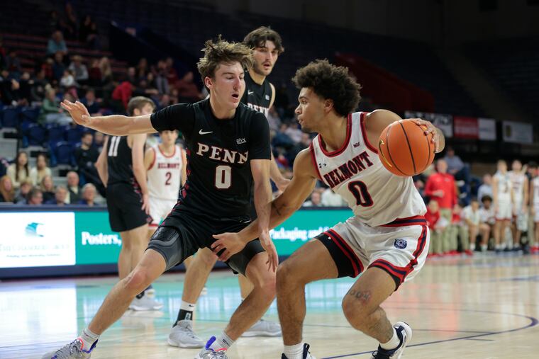 Penn's Clark Slajchert (left) finished with 21 points, including the bucket to force overtime, in the Quakers' overtime loss to Belmont.