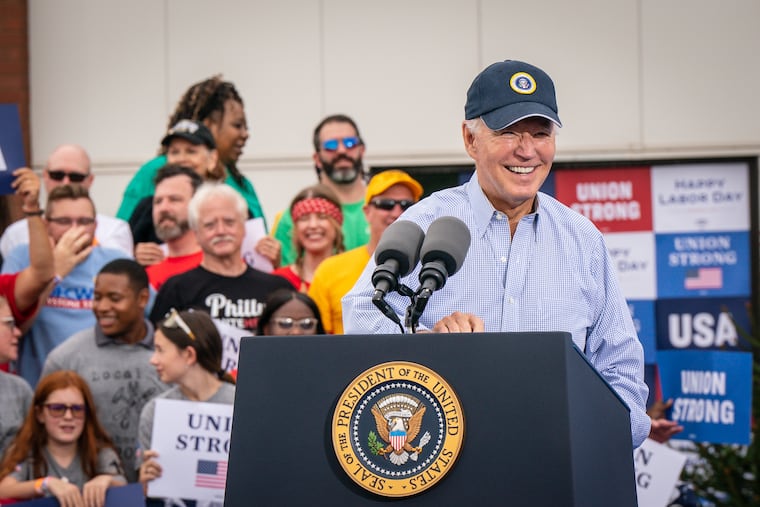 President Joe Biden speaks to supporters during a Labor Day rally at the Sheet Metal Workers Local 19 office along Columbus Boulevard in South Philadelphia.