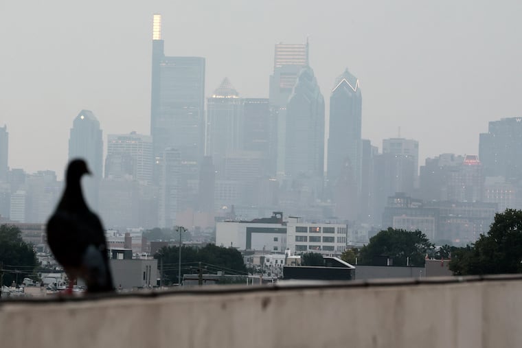 Center City’s skyline as seen from the Live! Casino parking garage in South Philadelphia on July 15, one of a series of days this month when the air filled with smoke from Canadian wildfires.
