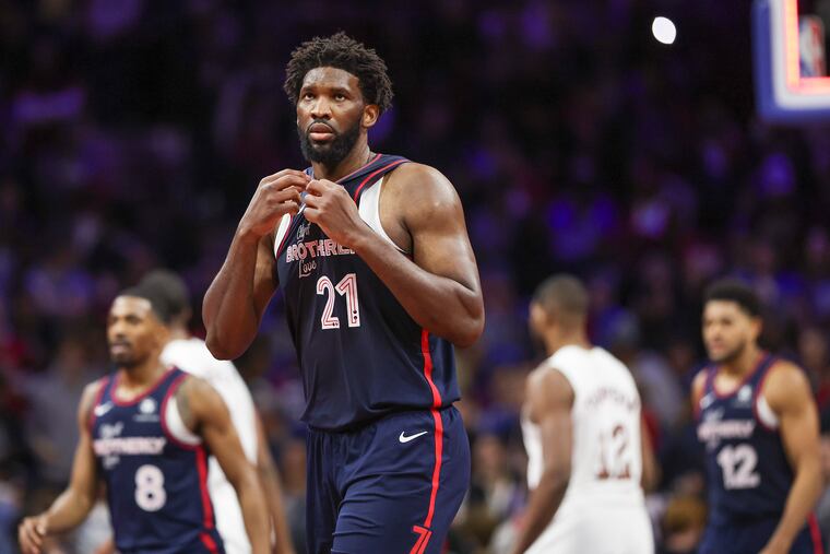 Philadelphia 76ers center Joel Embiid reacts after missing the final shot of regulation that would have won the Sixers the game in the fourth quater against the Cleveland Cavaliers at the Wells Fargo Center in Philadelphia on Tuesday, Nov. 21, 2023. Sixers lost in overtime, 122-119.