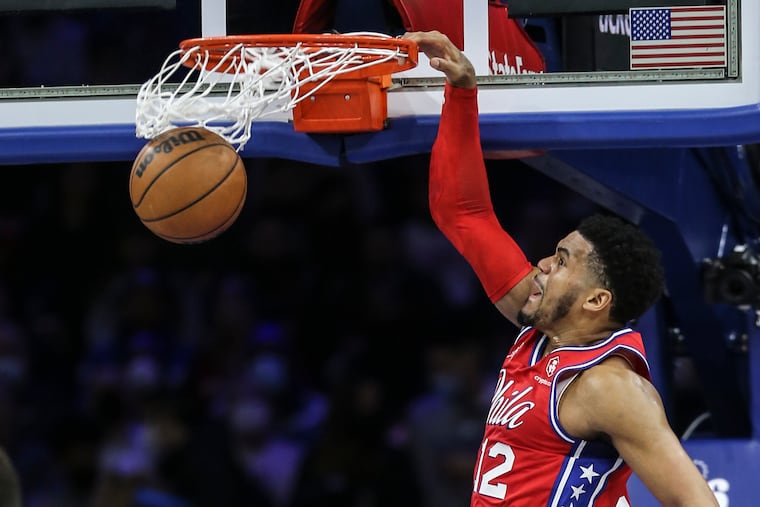 Sixers Tobias Harris dunks against the Suns during the 2nd quarter at the Wells Fargo Center in Philadelphia, Tuesday, February 8, 2022.