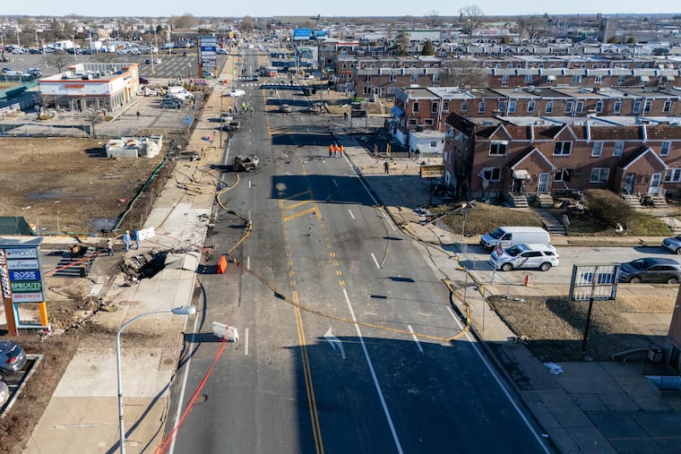 The scene of the plane crash near Cottman Avenue and Roosevelt Boulevard.