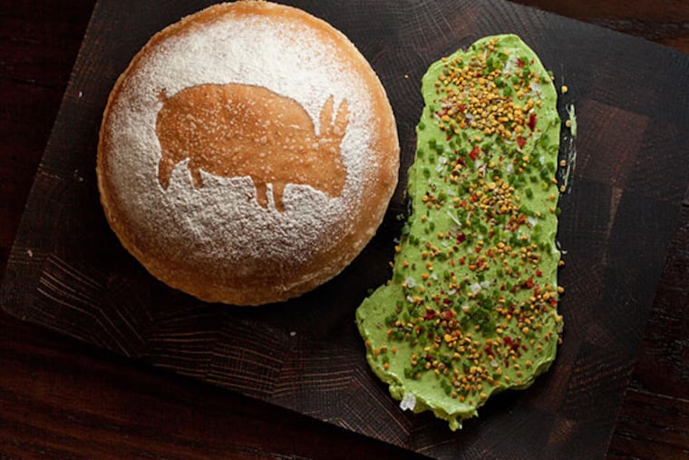 A mythical "Pabbit" adorns whiskey-sage bread, with ramp butter with bee pollen and Aleppo pepper flakes on the side.