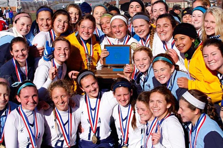 Villa Maria players pose with the state-championship trophy after defeating Crestwood, 2-1, (Lou Rabito/Staff)