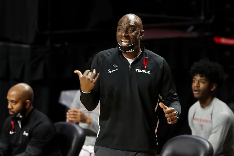 Temple Owls head coach Aaron McKie coaches during the first half of the Temple Owls game against the Tulane Green Wave at the Liacouras Center in Philadelphia, Pa. on Sunday, January 31, 2021. At the half, Tulane Green Wave was up 35 to 27.