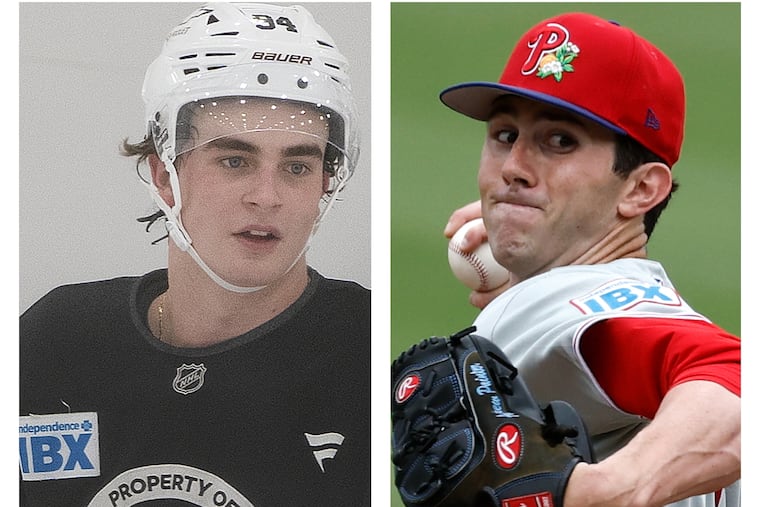 Porter Martone (left) and Andrew Painter could make their big league debuts Tuesday for the Flyers and Phillies, respectively.