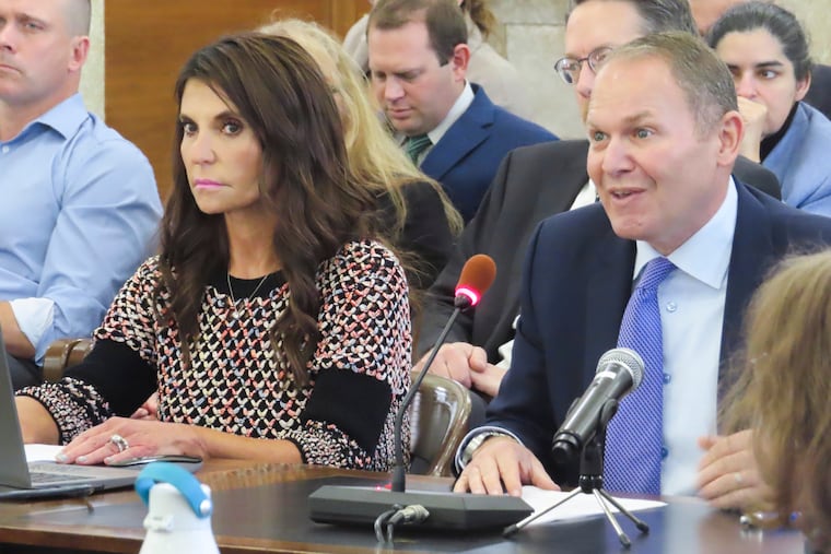 Lori Kalani, chief responsible gaming officer for DraftKings (left) and Jeremy Kudon, president of the Sports Betting Alliance, testify at a hearing in Trenton, N.J., Thursday, Oct. 24, 2024.