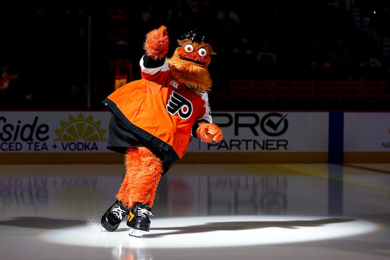 Gritty skates around before the Philadelphia Flyers game against the Colorado Avalanche at Xfinity Mobile Arena on Sunday, Dec. 7, 2025, in Philadelphia.