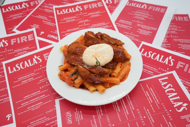 Spicy chicken cutlet rigatoni topped by burrata will be on LaScala Fire’s menu at Citizens Bank Park.