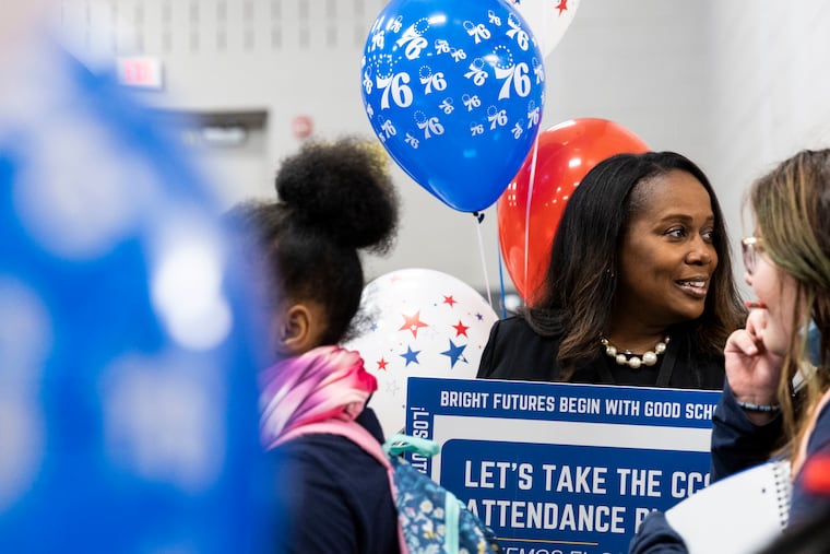 Superintendent Katrina McCombs greets students during a school attendance rally at H.B. Wilson School in Camden, NJ on Wednesday, Sept. 13, 2023. Students heard the Sixers Stixers play, met Sixers player Danuel House Jr. and received Sixers giveaways.